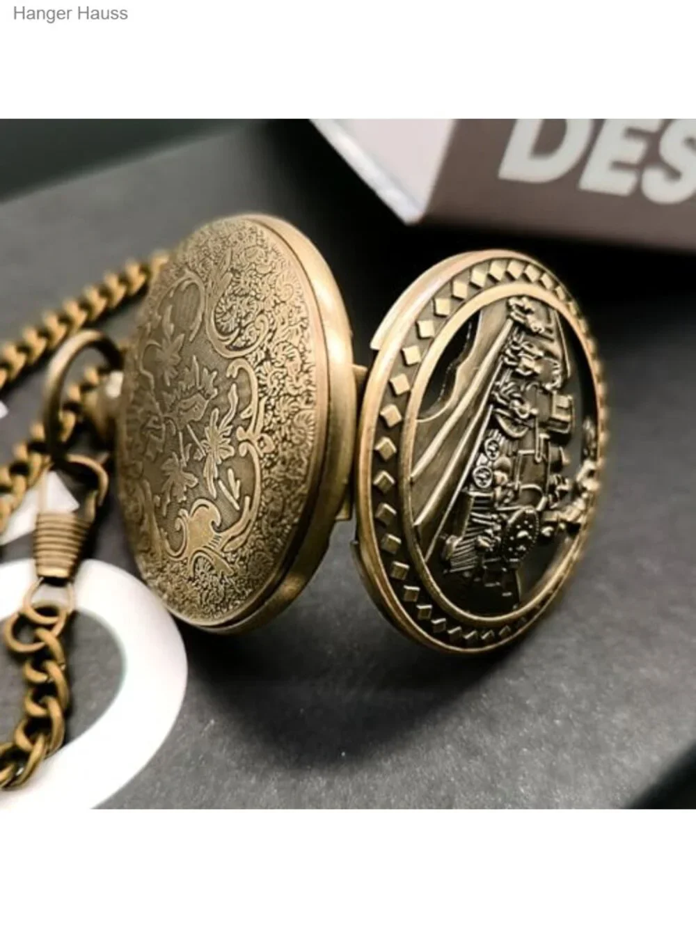 Vintage Bronze Steam Train Mens Quartz Pocket Watch with Chain